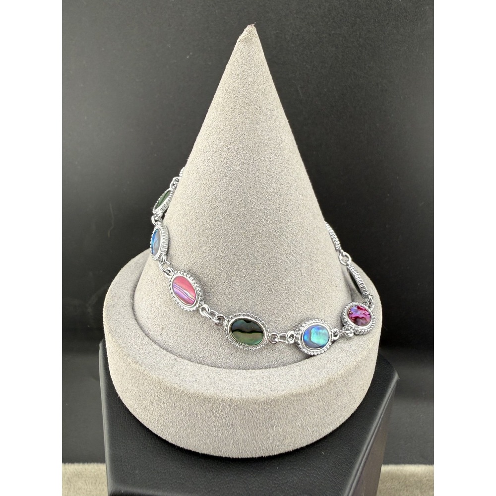 Estate Abalone Inlay Bracelet Silver Tone Adjustable Chain 8"